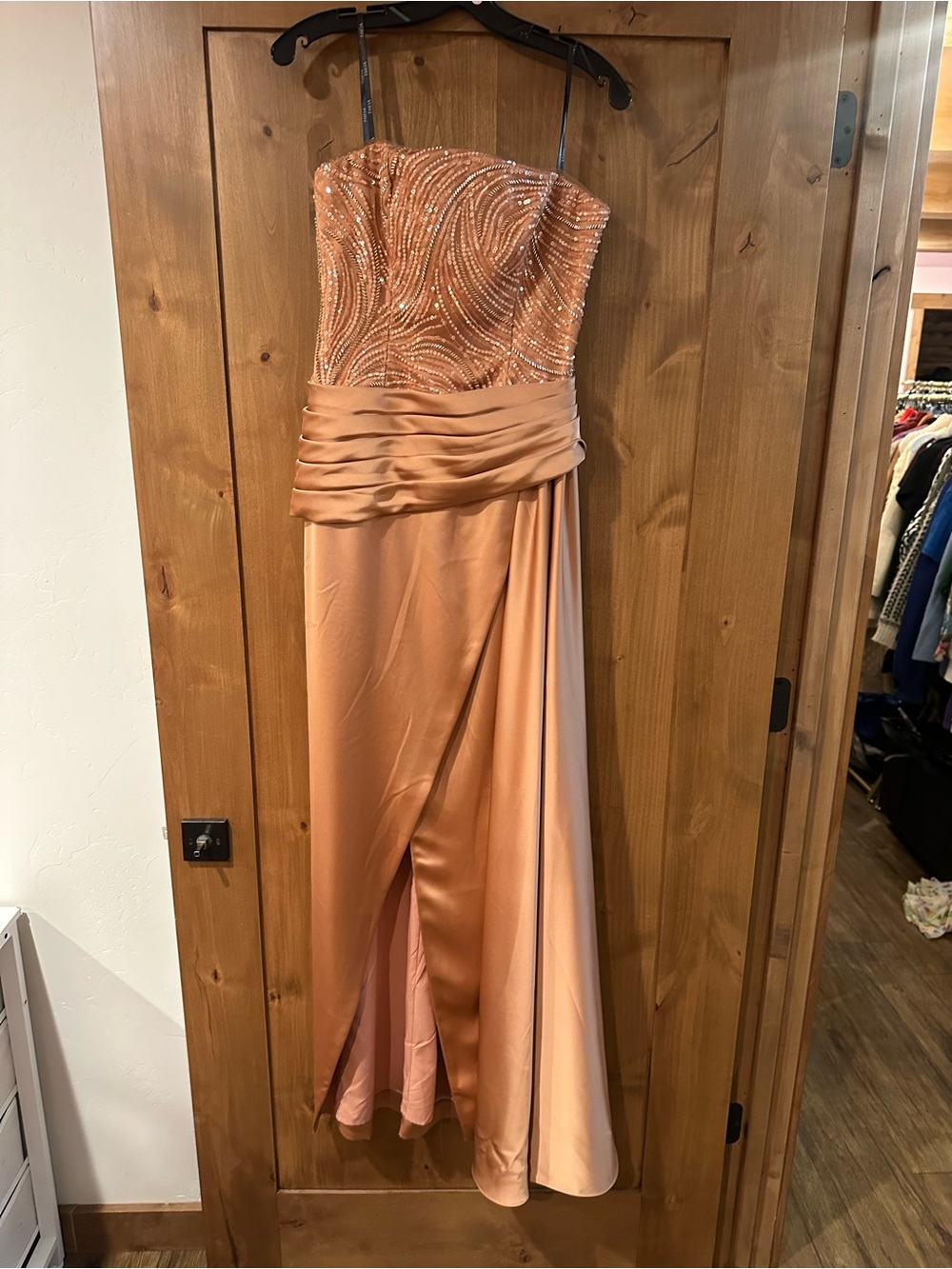 Theia Peach Sequin-Embellished Strapless Evening Dress